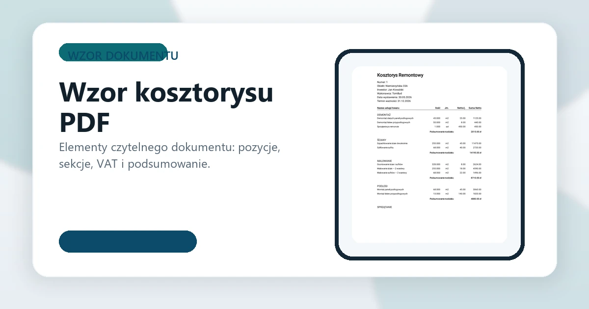 Okładka artykułu Wzór kosztorysu PDF