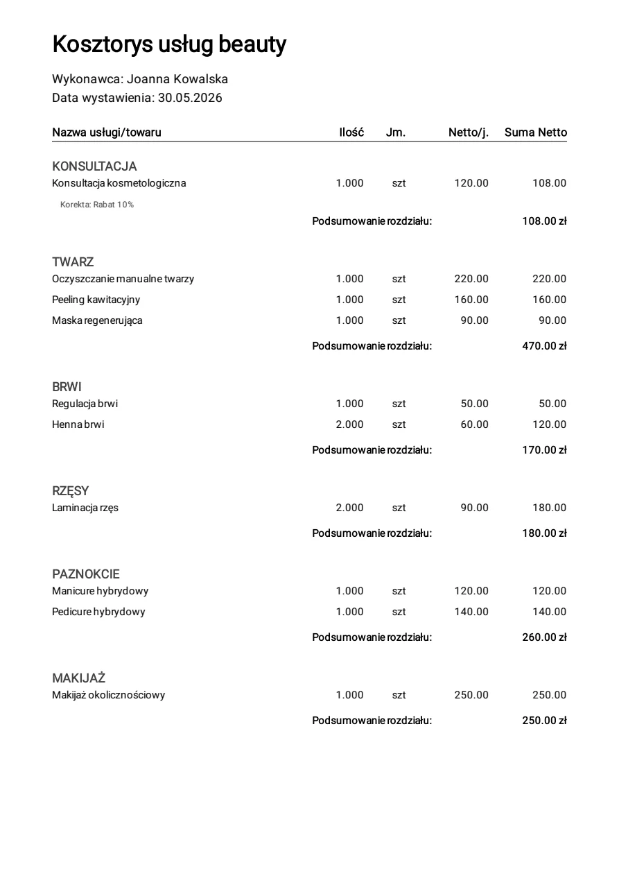 Podgląd pierwszej strony przykładowego kosztorysu usług beauty w PDF