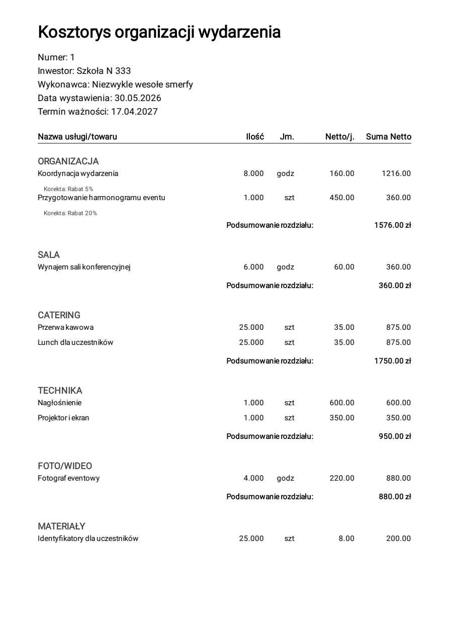 Podgląd pierwszej strony przykładowego kosztorysu organizacji wydarzenia w PDF
