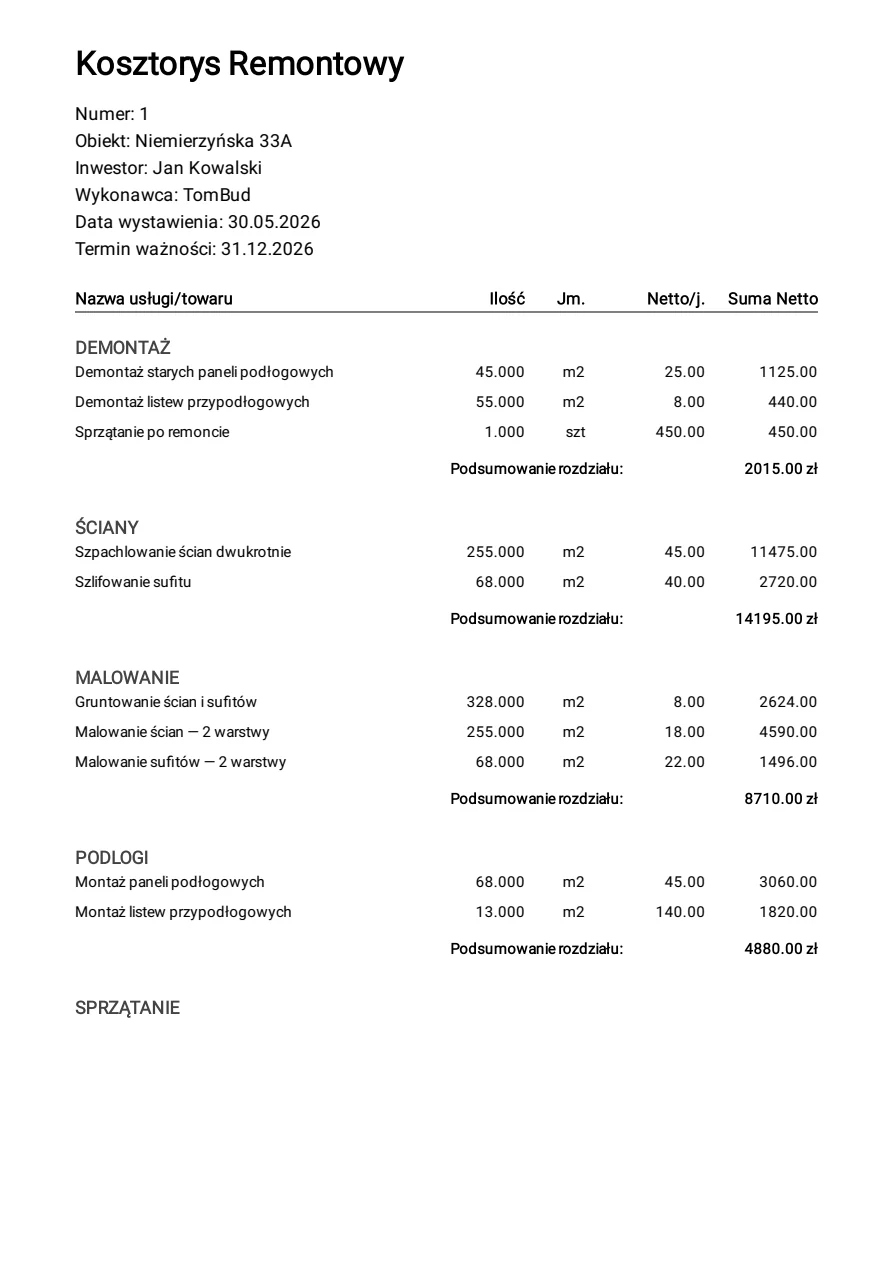 Podgląd pierwszej strony przykładowego kosztorysu remontowego w PDF