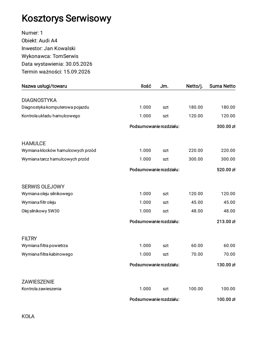 Podgląd pierwszej strony przykładowego kosztorysu serwisowego w PDF
