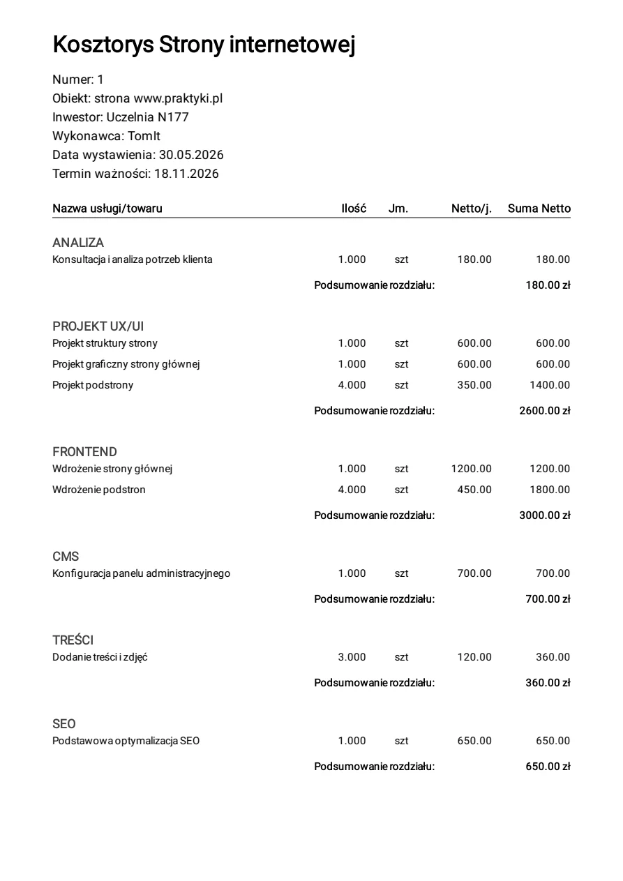 Podgląd pierwszej strony przykładowego kosztorysu strony internetowej w PDF