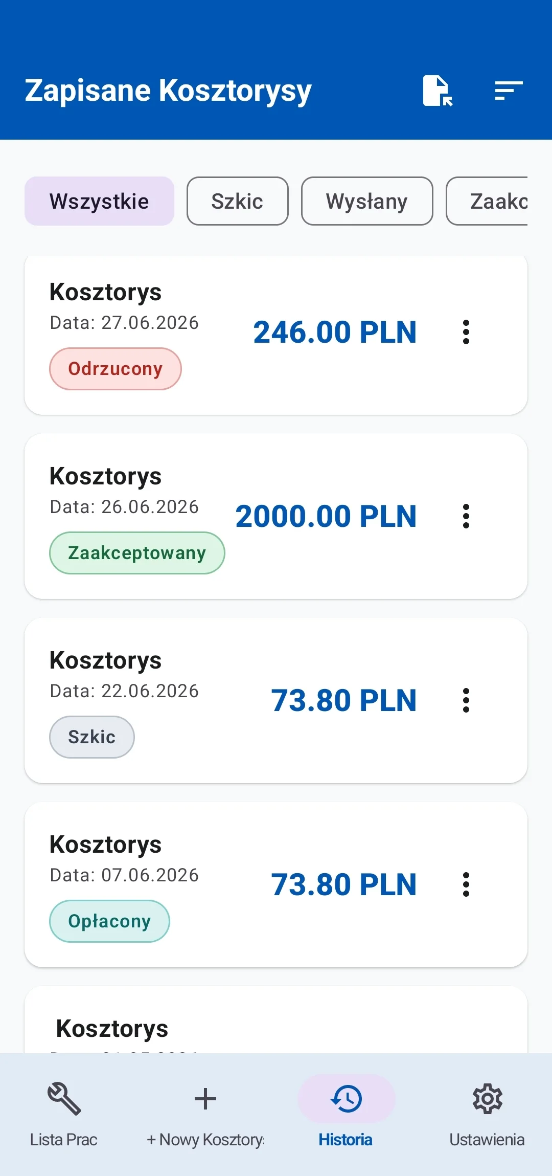 Ekran historii kosztorysów ze statusami w aplikacji Kalkulator Kosztorysu