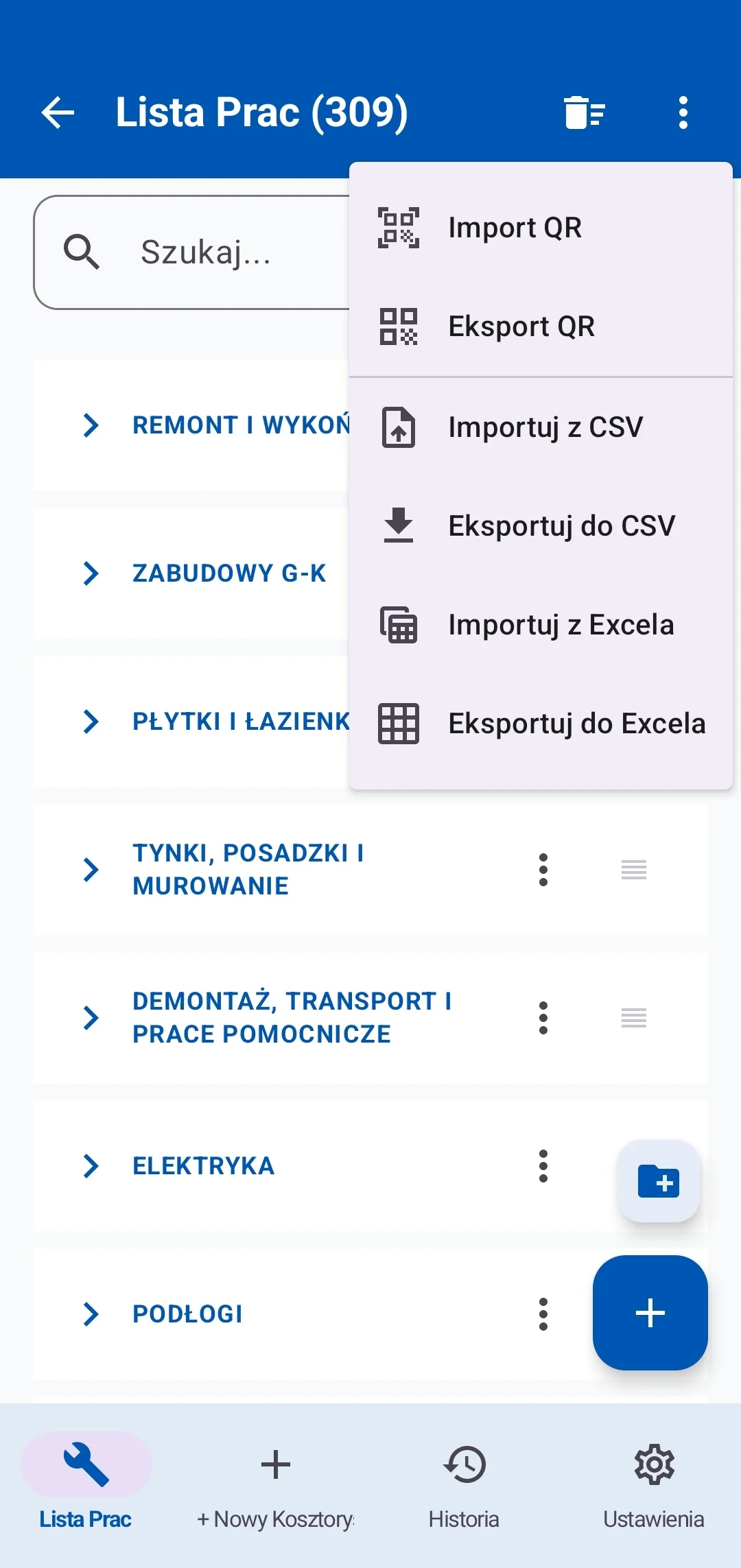 Menu importu i eksportu katalogu przez QR, CSV i Excel w aplikacji Kalkulator Kosztorysu