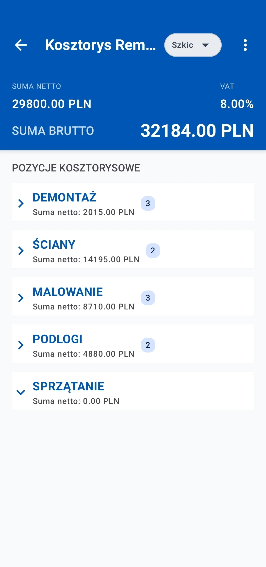 Rzeczywisty ekran kosztorysu z sekcjami, VAT i sumą brutto w aplikacji Kalkulator Kosztorysu