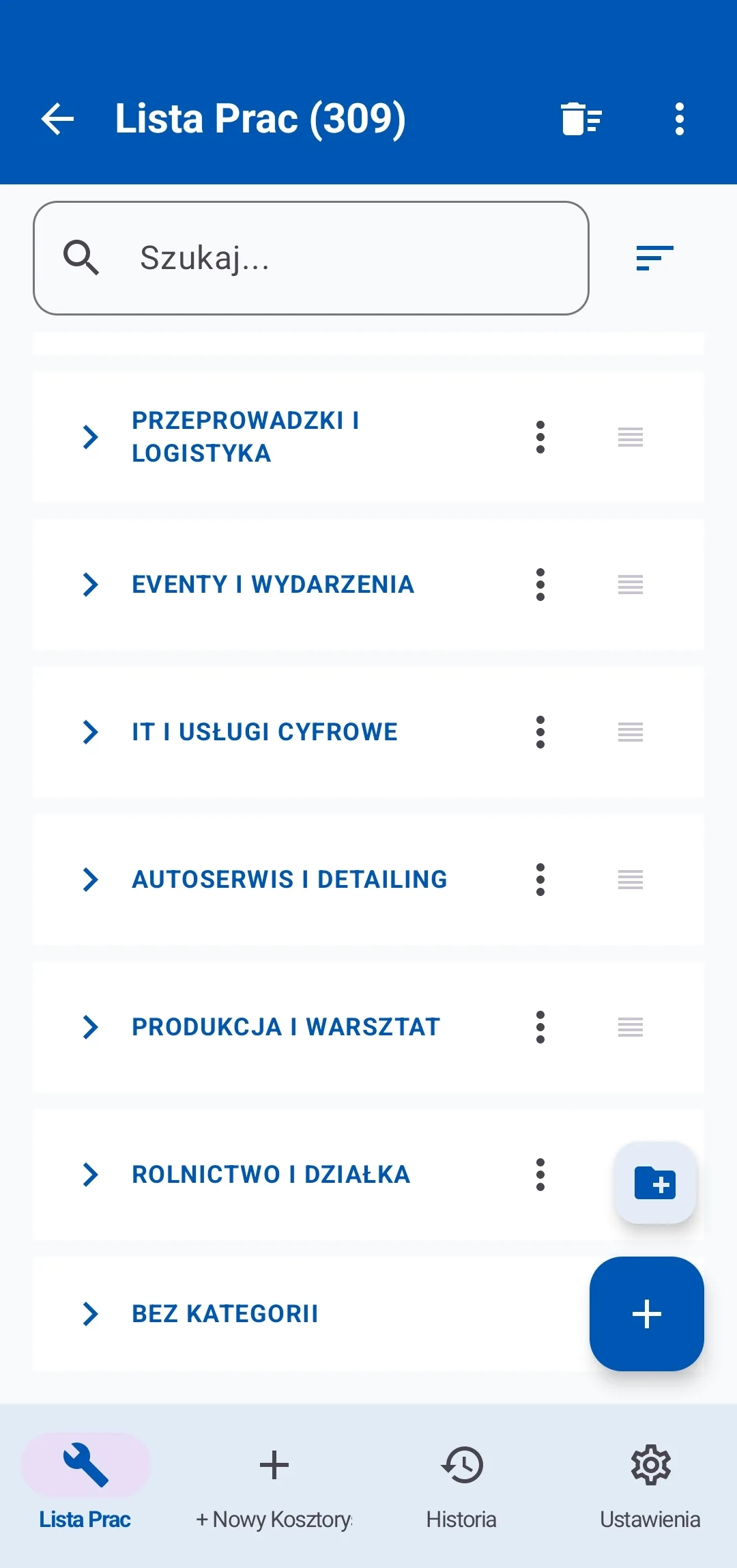 Ekran listy prac i kategorii w aplikacji Kalkulator Kosztorysu