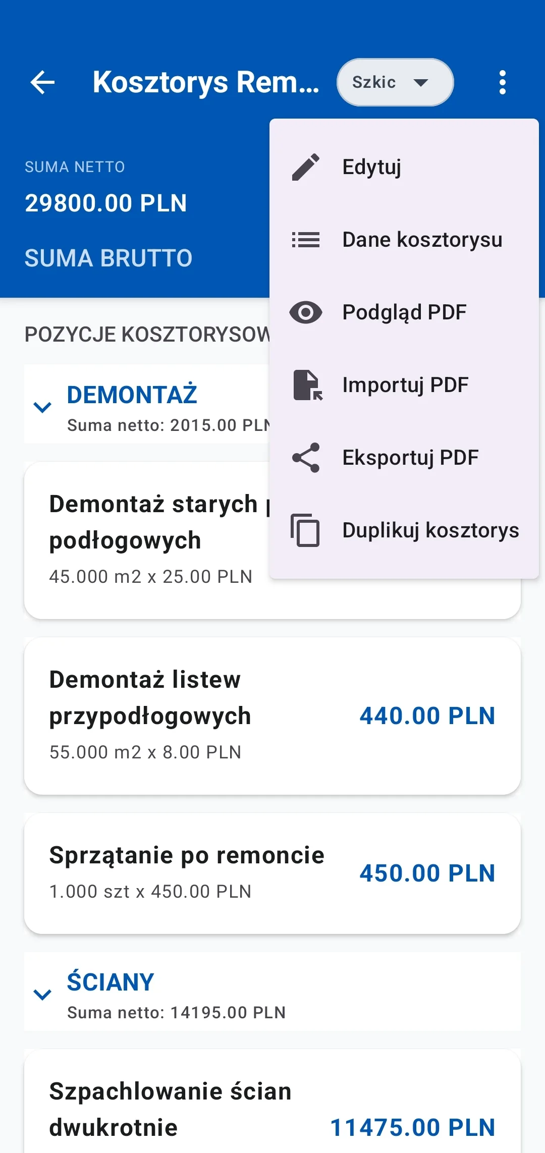 Menu kosztorysu z podglądem PDF, importem, eksportem i duplikowaniem w aplikacji Kalkulator Kosztorysu