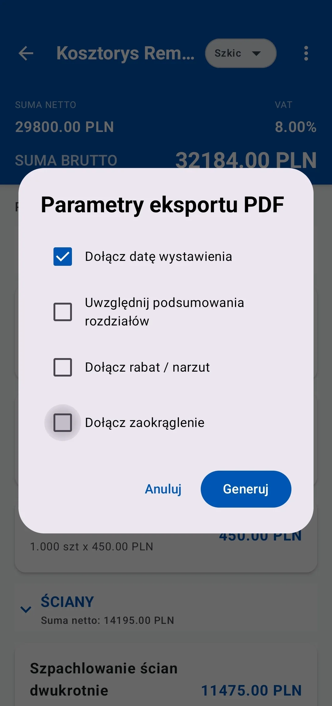 Okno parametrów eksportu PDF w aplikacji Kalkulator Kosztorysu