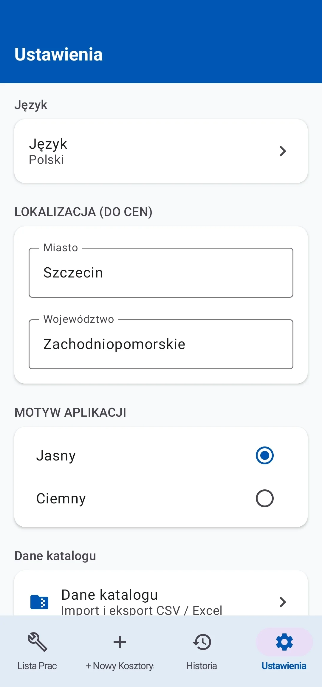 Ekran ustawień aplikacji Kalkulator Kosztorysu