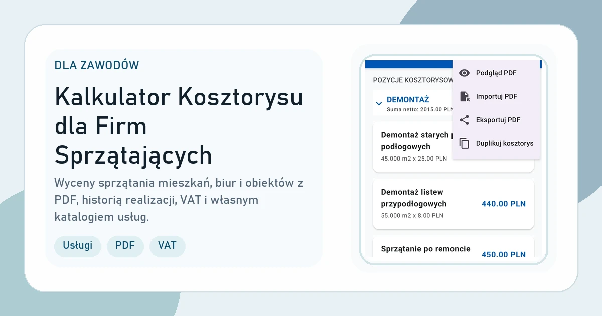Grafika strony Kalkulator Kosztorysu dla Firm Sprzątających