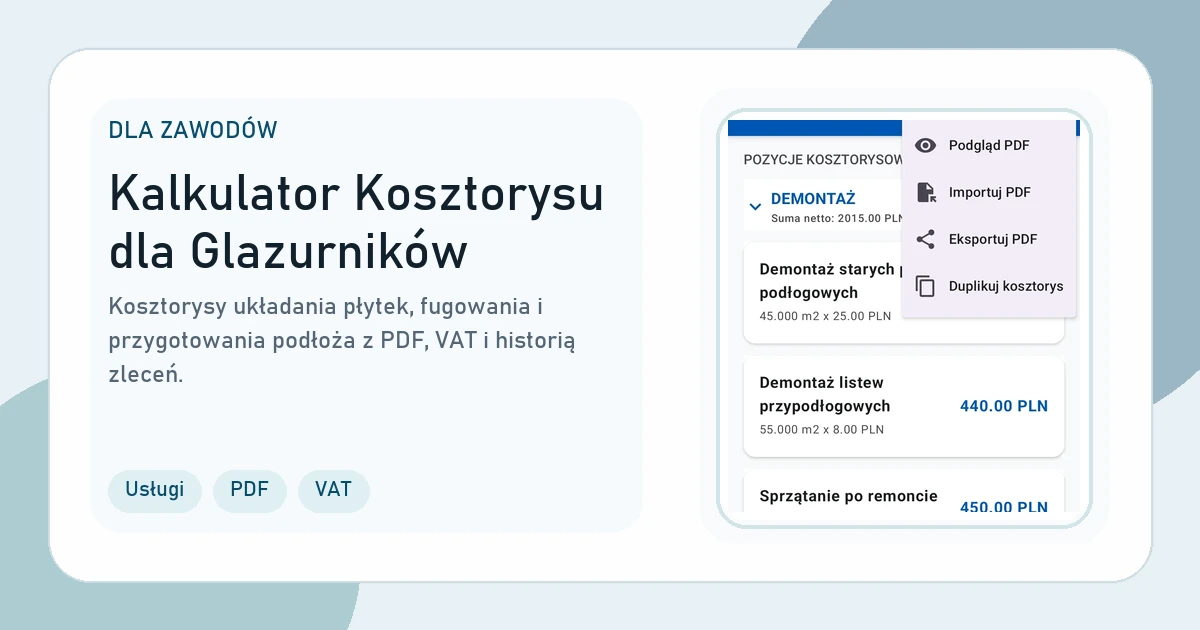 Grafika strony Kalkulator Kosztorysu dla Glazurników
