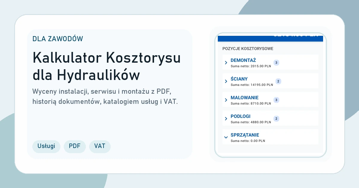 Grafika strony Kalkulator Kosztorysu dla Hydraulików