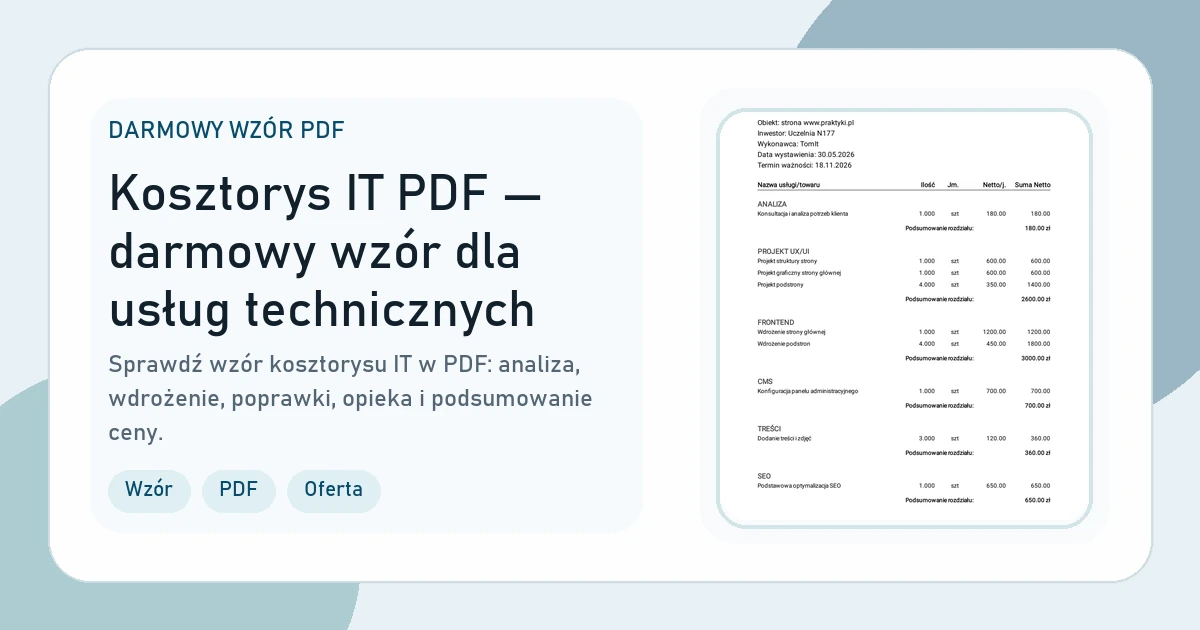 Grafika strony Kosztorys IT PDF — darmowy wzór dla usług technicznych