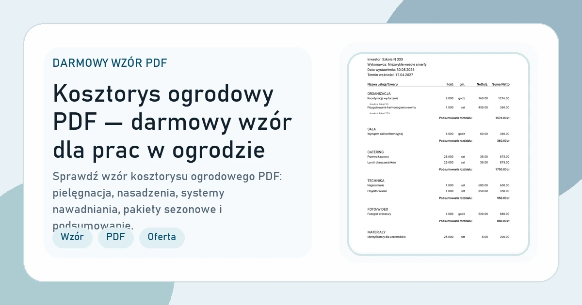 Grafika strony Kosztorys ogrodowy PDF — darmowy wzór dla prac w ogrodzie