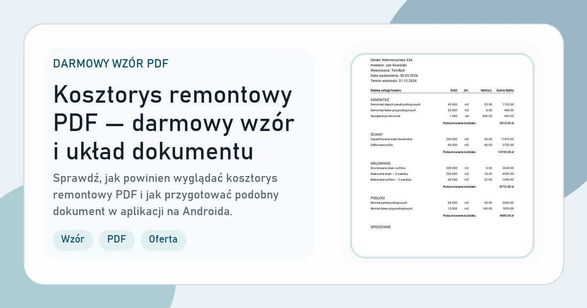 Grafika strony Kosztorys remontowy PDF — darmowy wzór i układ dokumentu
