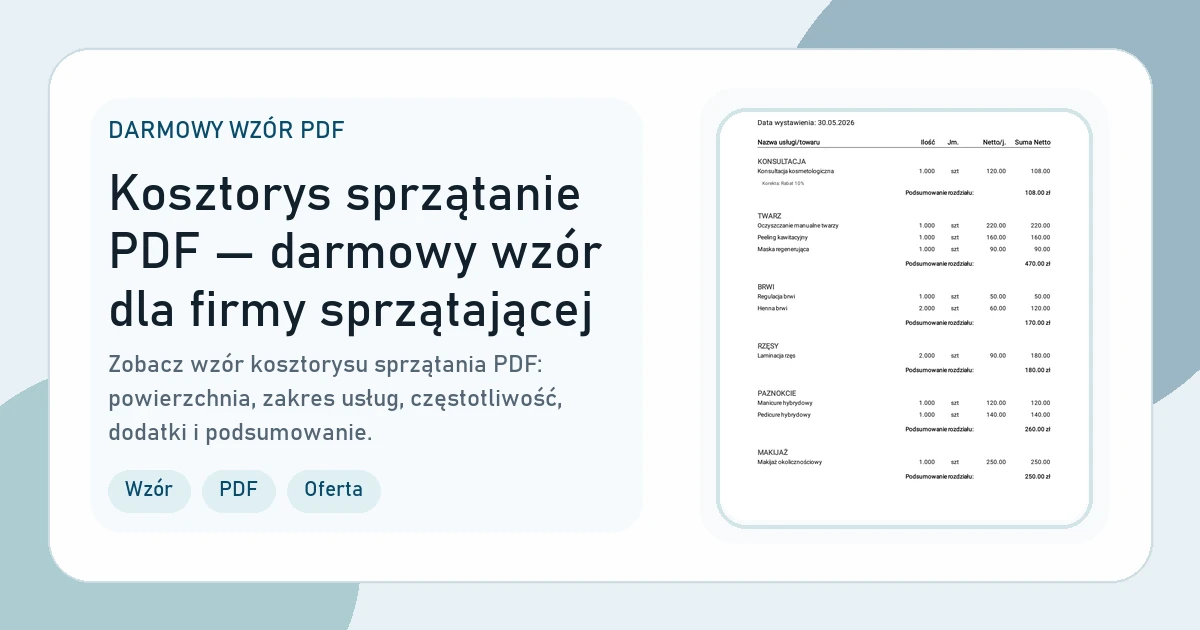 Grafika strony Kosztorys sprzątanie PDF — darmowy wzór dla firmy sprzątającej