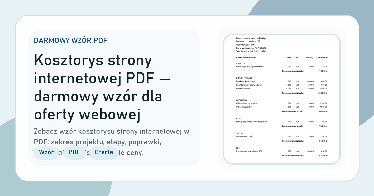 Grafika strony Kosztorys strony internetowej PDF — darmowy wzór dla oferty webowej
