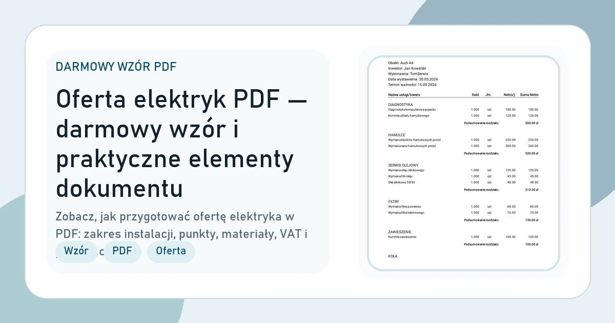 Grafika strony Oferta elektryk PDF — darmowy wzór i praktyczne elementy dokumentu