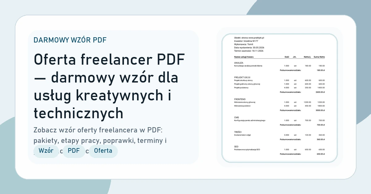 Grafika strony Oferta freelancer PDF — darmowy wzór dla usług kreatywnych i technicznych
