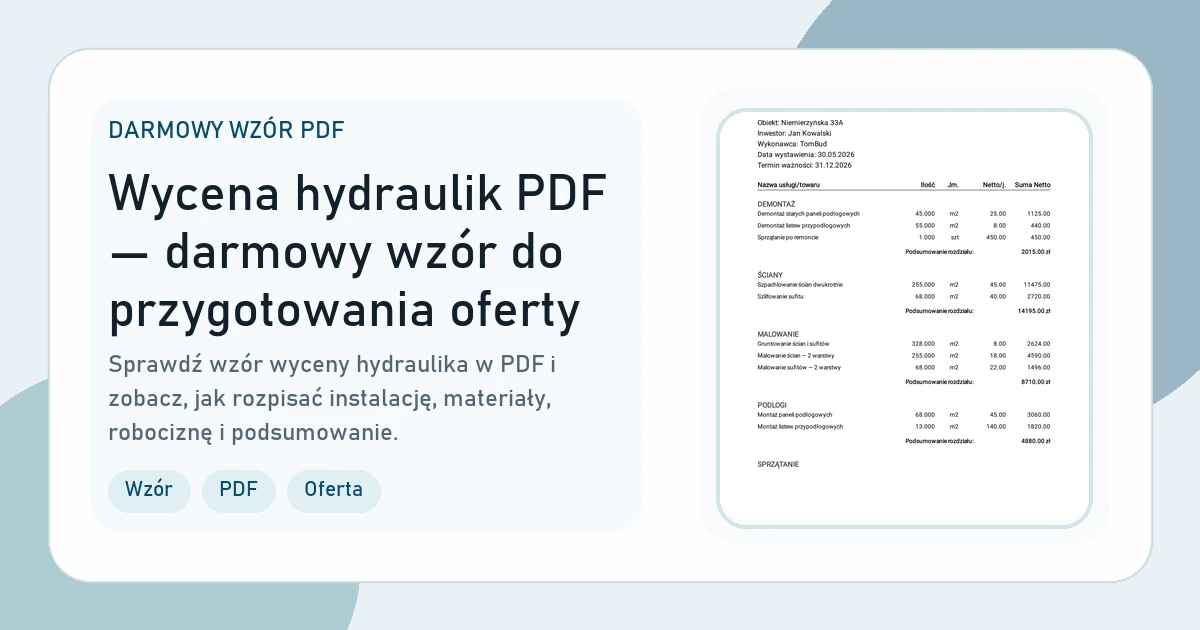 Grafika strony Wycena hydraulik PDF — darmowy wzór do przygotowania oferty